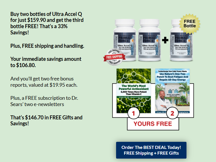 Ultra Accel Q Buy 2 Get 1 Free offer with free shipping, bonus reports, and savings up to $146.70.